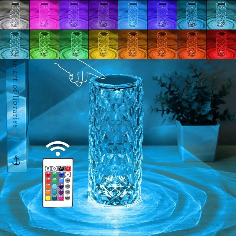 Lámpara de mesa de cristal RGB que cambia de Color, luz nocturna remota, romántica, LED, rosa, diamante, táctil, para sala de estar, regalo de inauguración de la casa