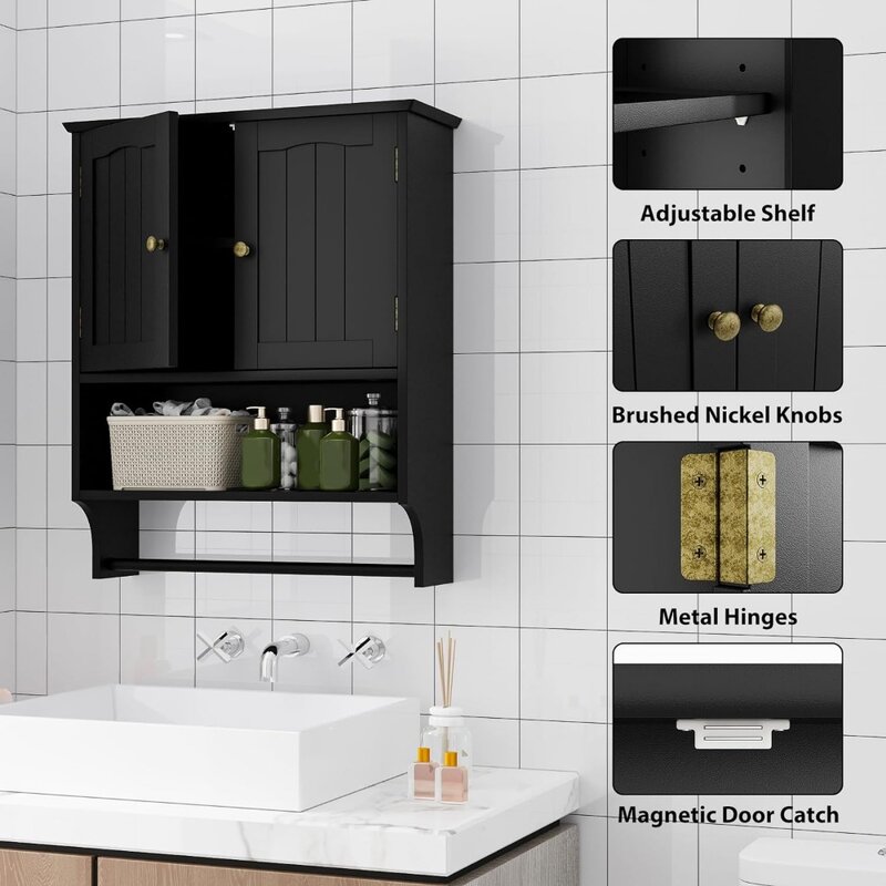 Armario de Medicina de baño negro con barra de toalla, montaje en pared con puertas y estantes, almacenamiento sobre la pared del inodoro