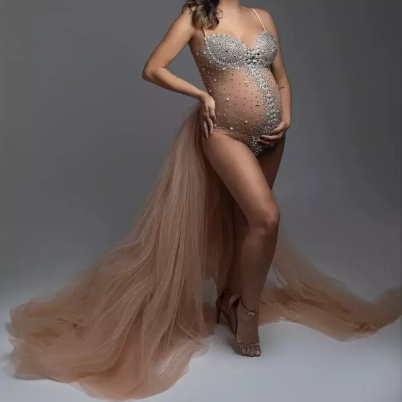 Maternity Photography Clothes V-neck Rhinestones Pearls Stretch Jumpsuits Pregnancy Dress Studio Photo Shoot Props