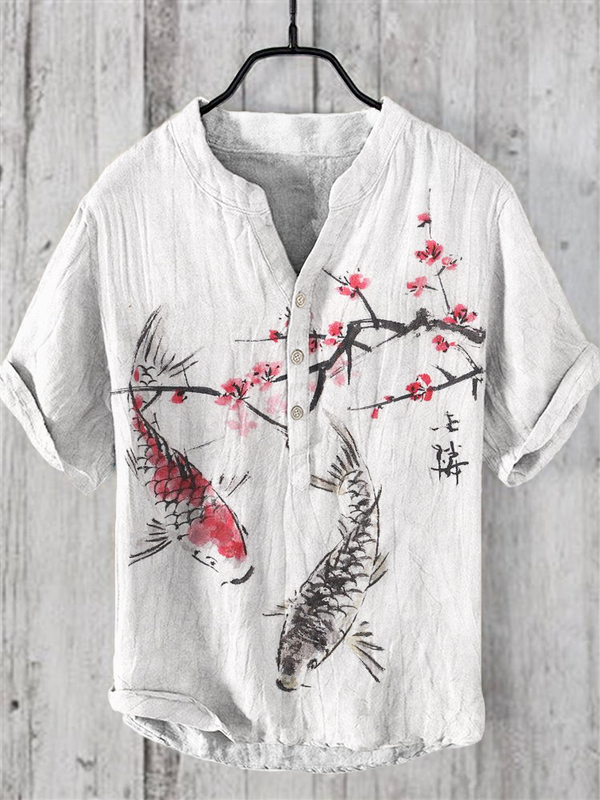 Henley-Camiseta de manga corta para hombre, camisa retro con botones en V y cuello, top con estampado de tinta artística, novedosa para verano 2024