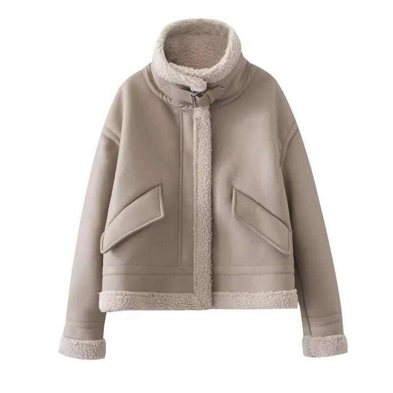 Jaqueta de couro sintético grosso e quente, casaco vintage, manga longa, bolso com aba, casacos femininos, tops chiques, moda
