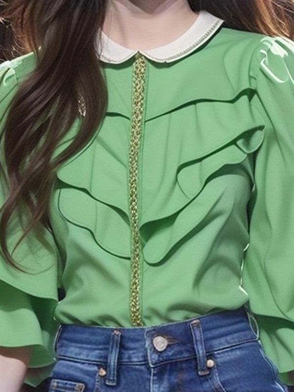 Korea Women's 2024 New Summer Blouses Patchwork Turn Down Collar Button Fashion Elegant Versatile Lantern Sleeve Shirts