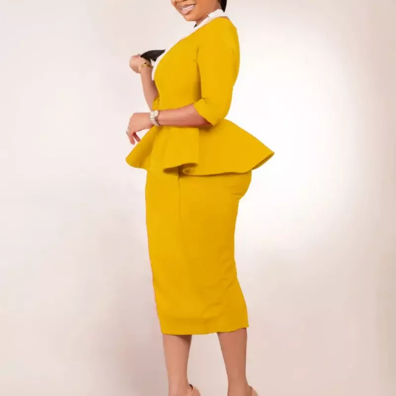Vestido elegante bodycon de poliéster para mulheres, dashiki, roupa africana, manga 3/4, amarelo, azul, vermelho, primavera, 2022