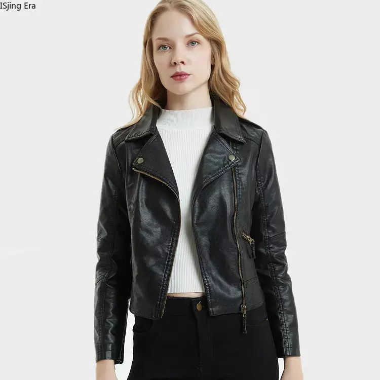 2023 Women Short Fit Flip Collar PU Wash Leather Women Motorcycle Jacket Q7