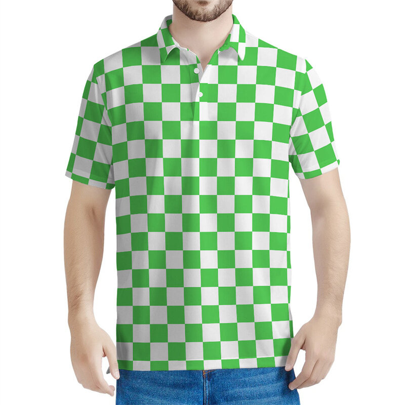 Kaos Polo pria pola kotak-kotak warna-warni, T-Shirt kerah kotak-kotak motif 3D, atasan lengan pendek berkancing longgar musim panas