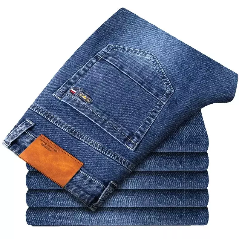 Jeans kain regang tebal untuk pria, pakaian bisnis gaya klasik Denim hitam biru 2024