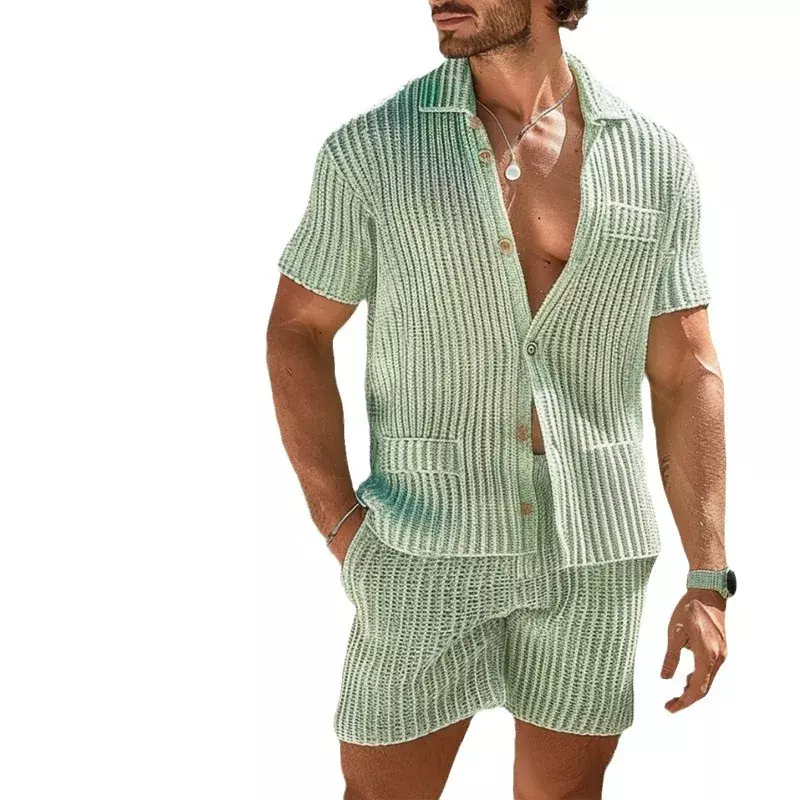 Letni nowy swobodny pionowy wzór zestaw Slim Fit z klapką krótki guzik na rękawie koszula spodenki męskie wełniane komplety letnie tkackie