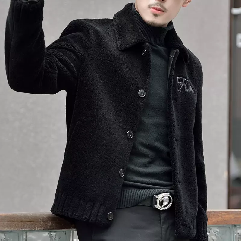 AYUNSUE 남성용 양털 시어링 재킷, 양모 벨벳 짧은 라펠 코트, 남성 모피 재킷, 겨울 의류, FCY