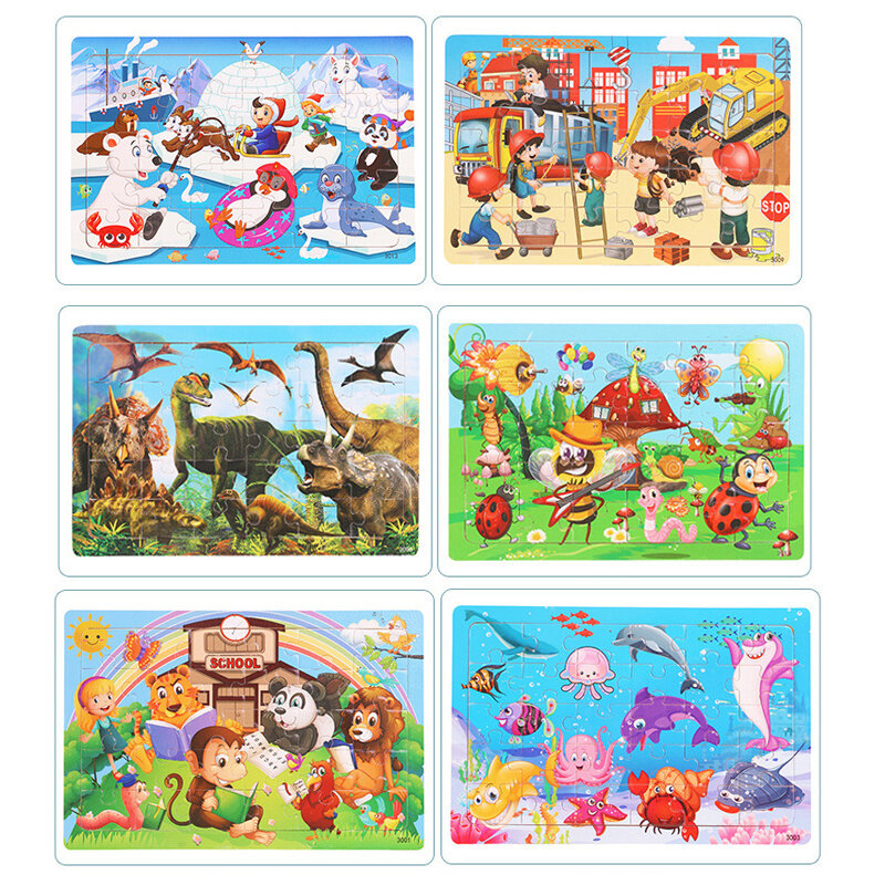 Novo 30 Peças De Madeira Puzzles Animal Dos Desenhos Animados Tráfego Tangram Madeira 3d Puzzle Montessori Brinquedos Educativos para Crianças Presentes