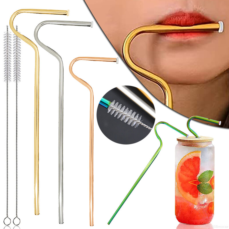 Stainless Steel No Wrinkle Straws Flute Style Lipstick Protect Reusable Straw with Cleaning Brush and Storage Bag Drinks Straw