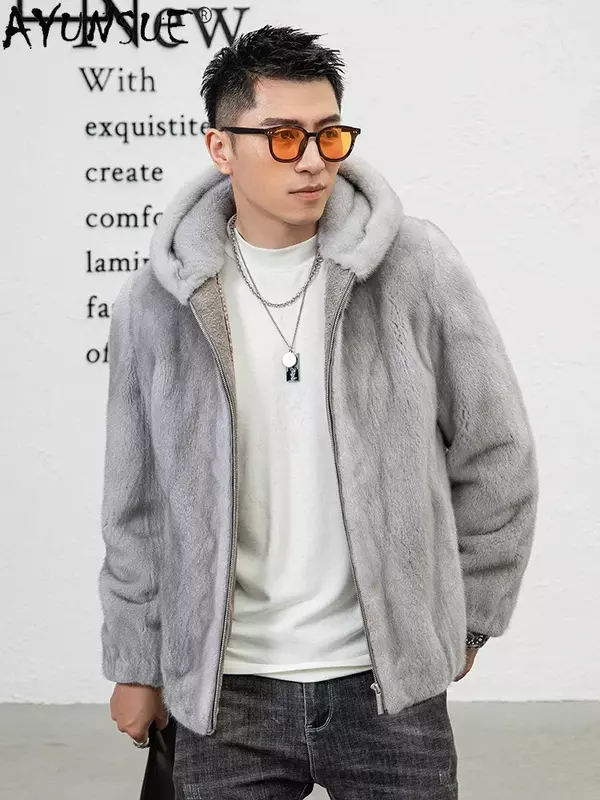 AYUNSUE-Chaqueta de visón Natural para hombre, abrigo de piel auténtica de visón, de lujo, de alta calidad, con capucha, ajustado, para invierno