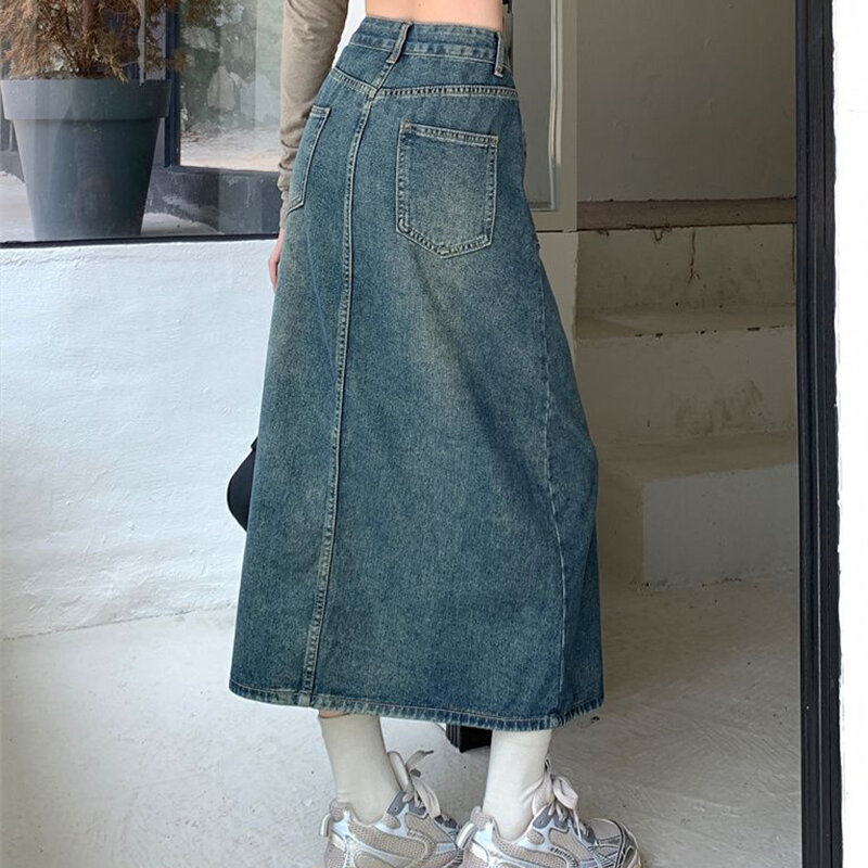 Saia jeans lavada azul linha A feminina, saia fina linha A, bolso, comprimento médio, cintura alta, dividida, verão, 2022