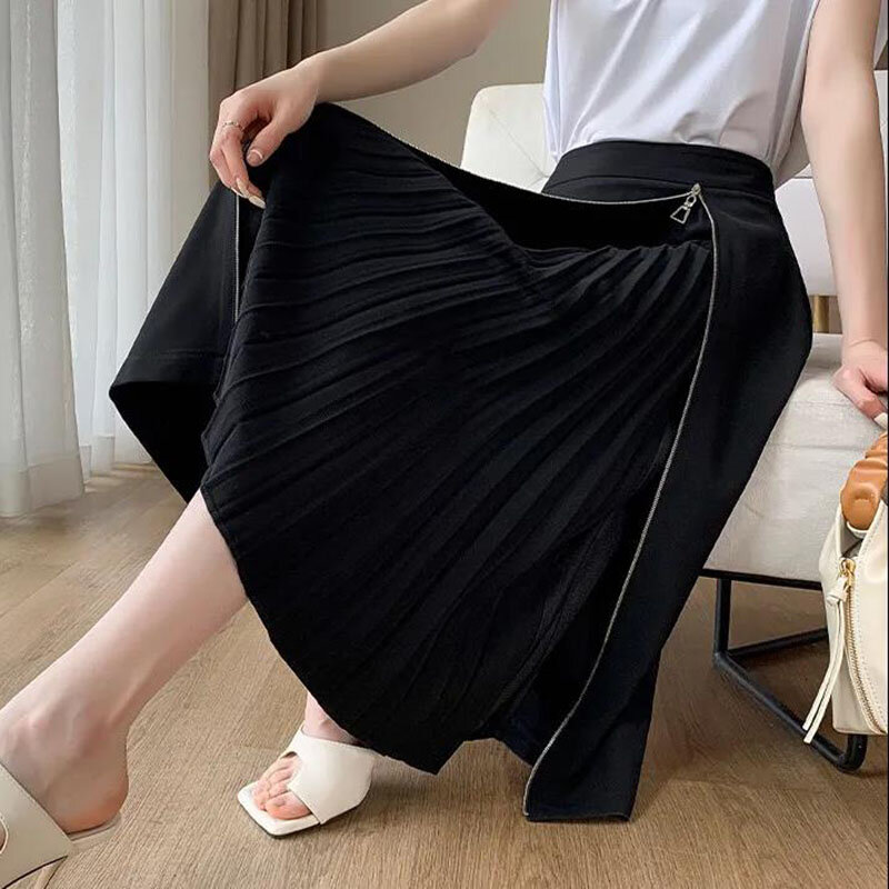 Черная свободная прямая юбка с высокой талией, новинка 2022, весна-осень, длинная Плиссированная летняя модная юбка на молнии для женщин