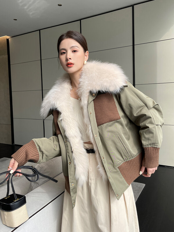 女性用の大きなキツネの毛皮のジャケット,取り外し可能なウサギの毛皮の襟付きの暖かいジャケット,高品質,100%