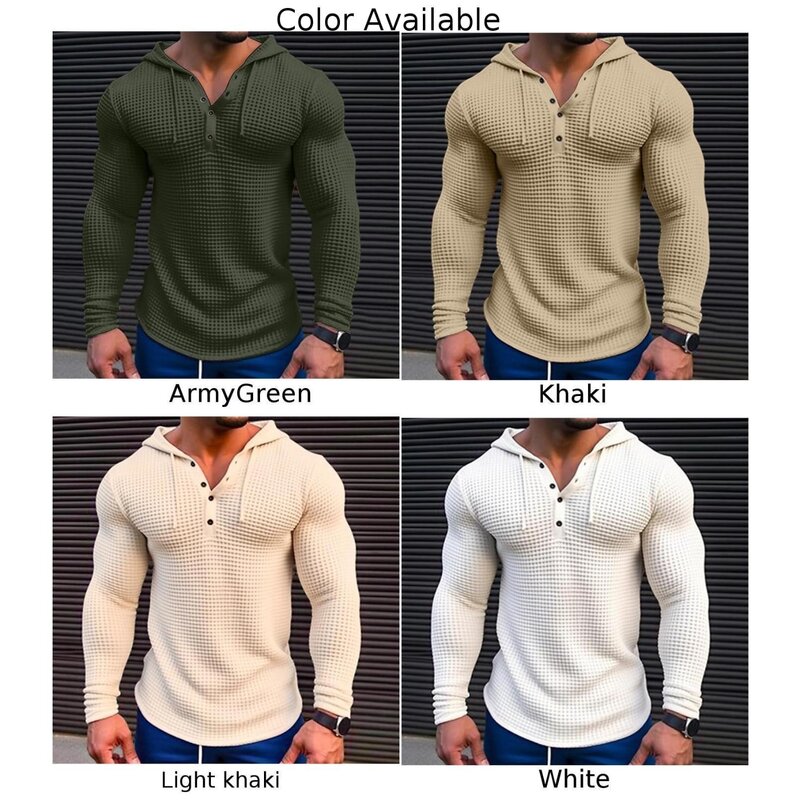 Spring Men Hooded Tops Solid Color Plaid Long Sleeve Button Sweatshirts Autumn Hooded Pullovers Male Streetwear