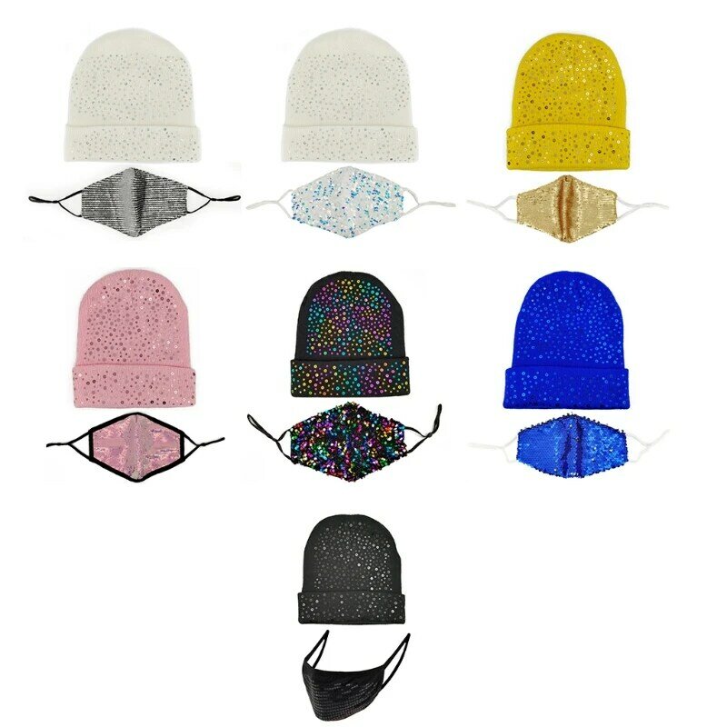 Unisex 2Pcs Glitter Sequins Solid Knitted Cuffed Beanie Hat with Face Mask Set