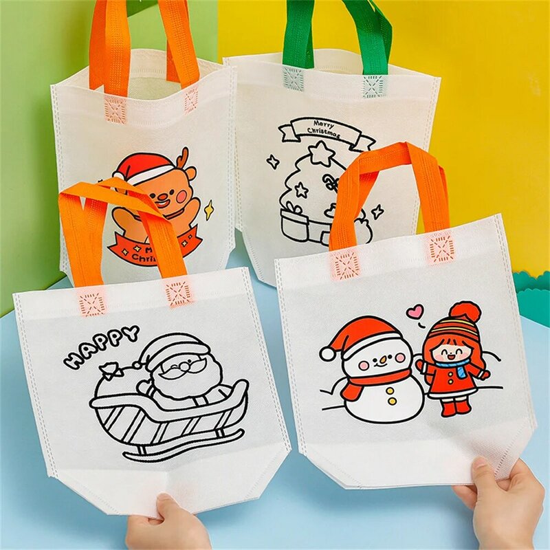 Cartoon Christmas Doodle Tote Bag Diy Coloring Painting Bag Students Party Gift Bag For Kids Toy Storage Bag Christmas Gift Bags