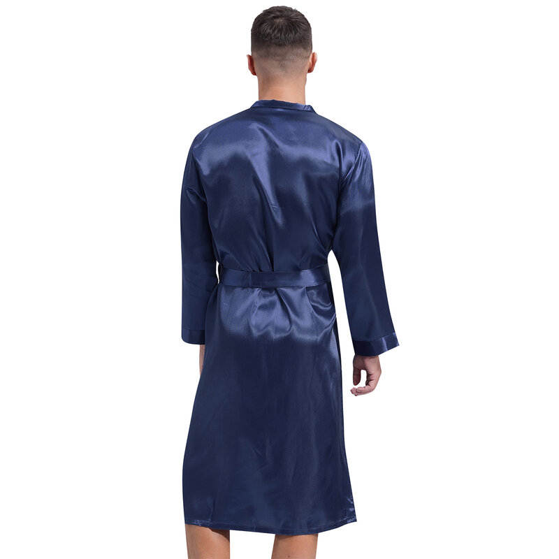 Herren seidig Satin Bademantel Nachtwäsche Langarm offen vorne mit Hüftgurt Seiten taschen Kimono Mid Robe Pyjama Homewear