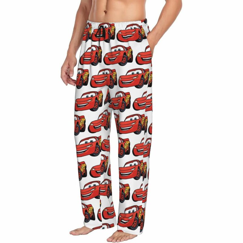 Relâmpago McQueen dos desenhos animados carros pijama calças dos homens, salão Sleepwear Stretch Sleepwear, fundos com bolsos, personalizado