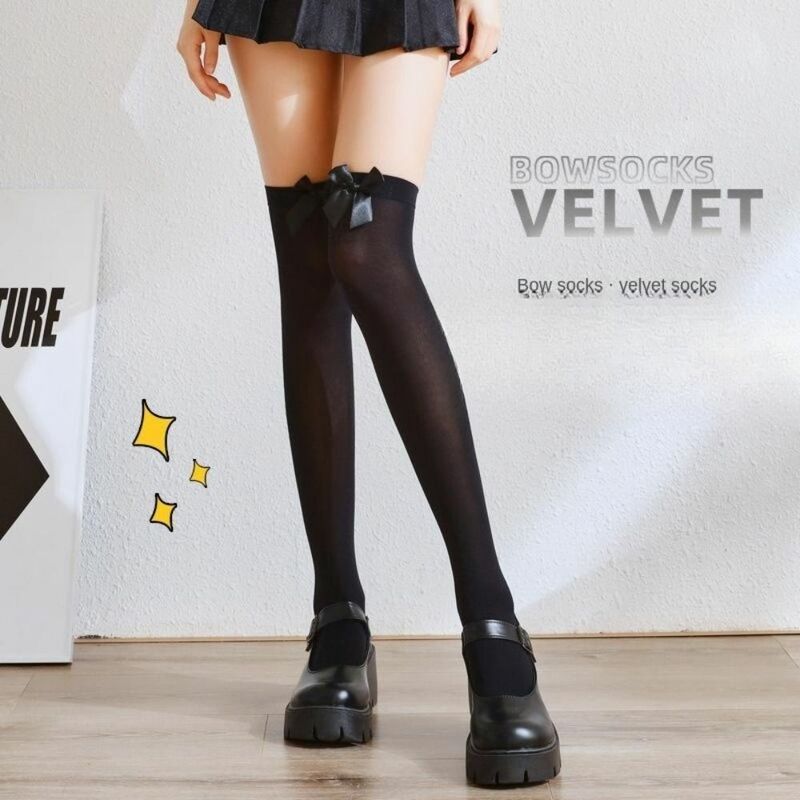 2pairs Velvet Stockings Summer White/Black Sweat Absorption Bow Socks Knee Socks Girls