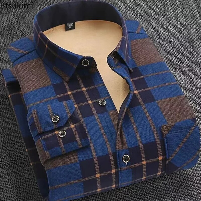 Autumn Winter Men's Long Sleeve Warm Plaid Shirt Fleece and Thick Casual High Quality Large Size Shirt Male Vintage Sweater 4XL