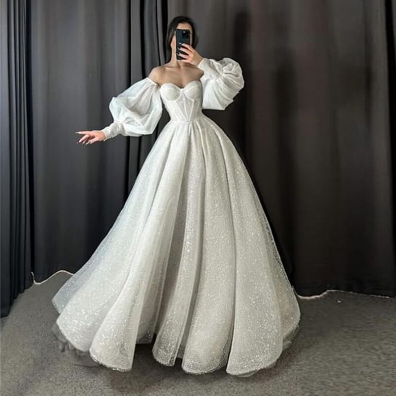 Shiny Sweetheart Tulle Ball Gowns Robe De Noiva Glitter Wedding Dress vestido de noiva Puff Sleeves Wedding Gowns Plus Size
