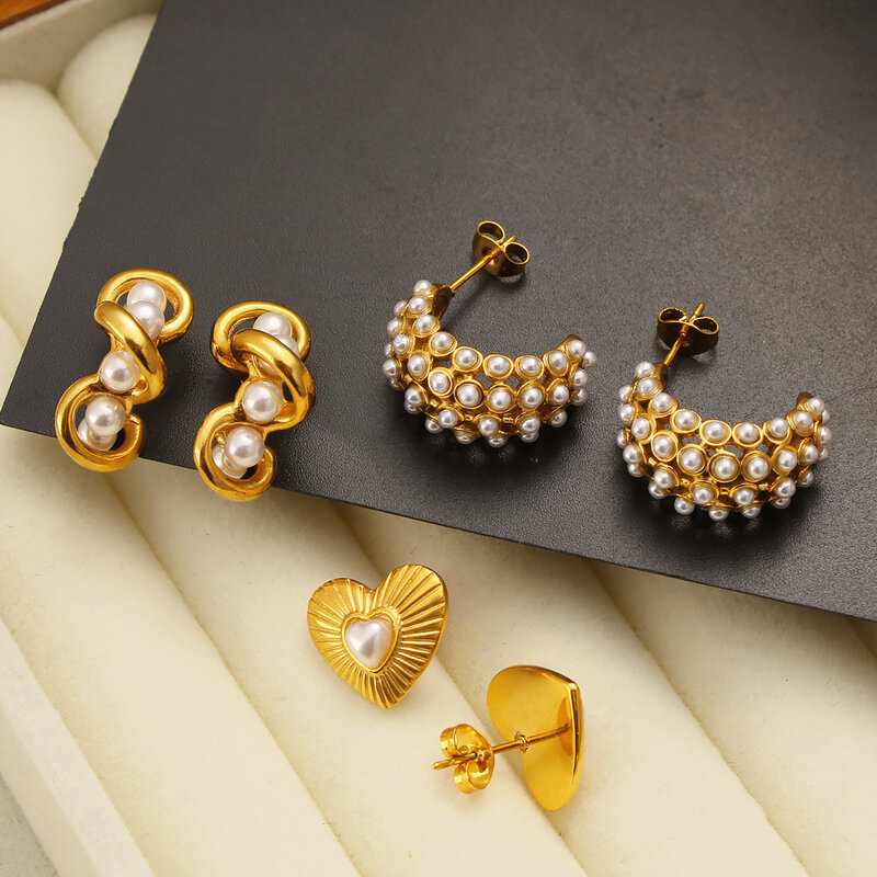 Pendientes de perlas de corazón corrugado plisado de acero inoxidable 316L para mujer, joyería francesa Vintage, 3 estilos