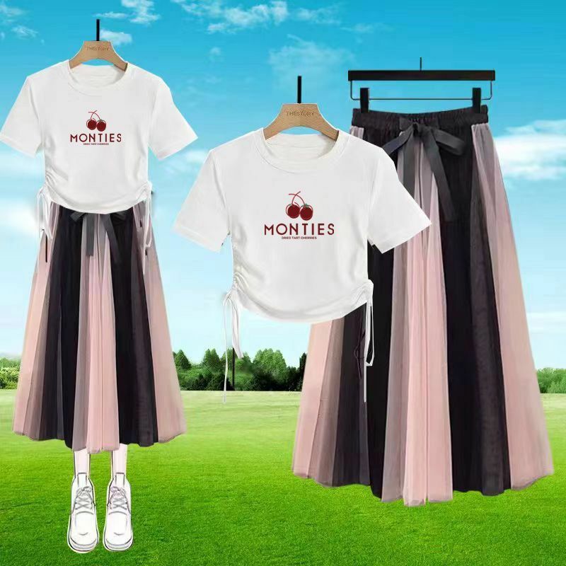 2024 Summer Women Cute Cartton Bear T Shirts Mesh Skirts 2 Piece Set Korean Lady Student Short Tops Half Skirt Suit Trendy Dress