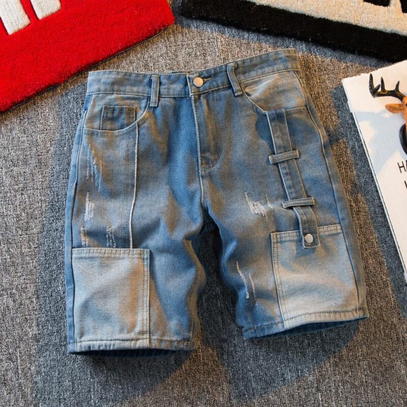 Shorts jeans azul retrô casual masculino, calças largas, jeans lavado de cinco pontos, moda verão, estilo porta