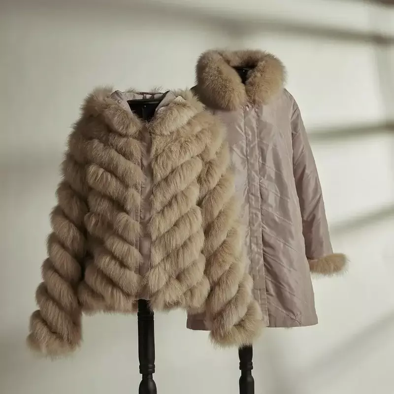 Women Winter Fox Fur Coat Jacket New Warm Girl  Double Side Sleeves Collar Detachable Parka CT261