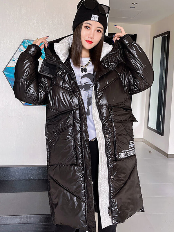 女性のための厚いカジュアルなフード付きジャケット,暖かい雪のコート,黒,明るいストリートウェア,冬,2024