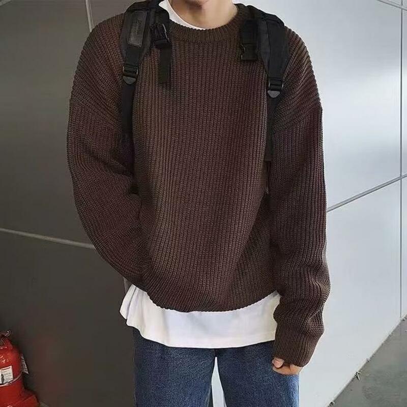 Suéter masculino de malha com gola redonda, blusa solta de manga comprida, elástico macio vintage, streetwear de comprimento médio, primavera, outono