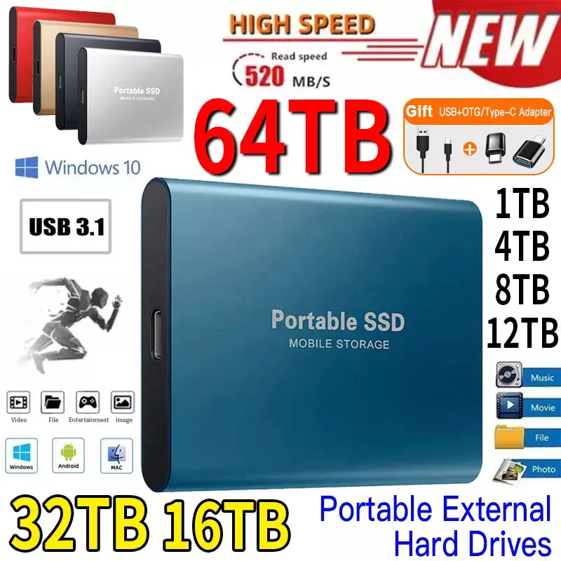 Hard Disk eksternal portabel 1TB, Hard Disk eksternal portabel SSD 2TB, Solid State drive eksternal USB 3.1/tipe-c, penyimpanan kecepatan tinggi untuk PC/Mac/ponsel