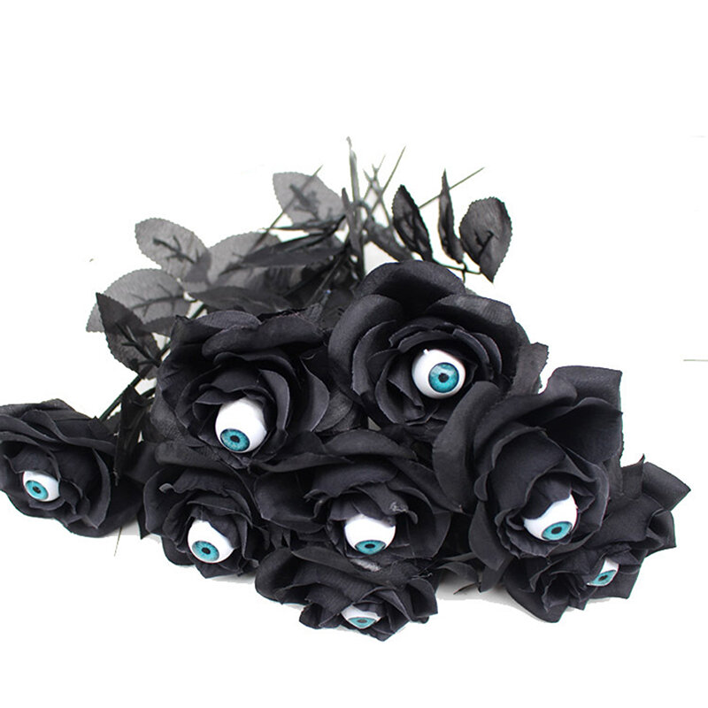 Bunga mawar bunga buatan dengan bola mata Halloween hantu bunga palsu hitam