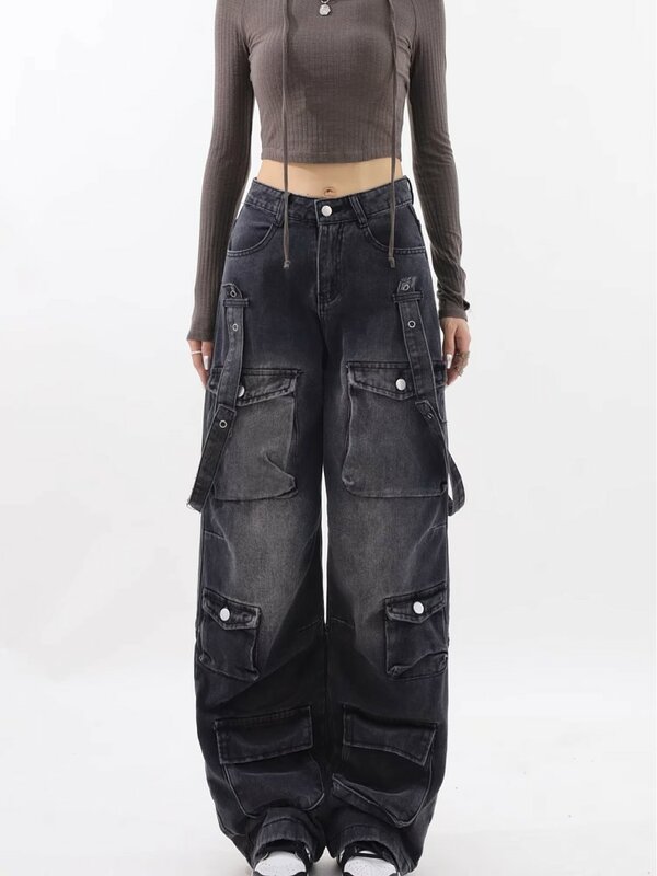 กางเกงยีนส์คาร์โก้เอวสูงสไตล์วินเทจของผู้หญิงกางเกงยีนส์ทรงหลวมสำหรับ Y2K ซักแฟชั่น