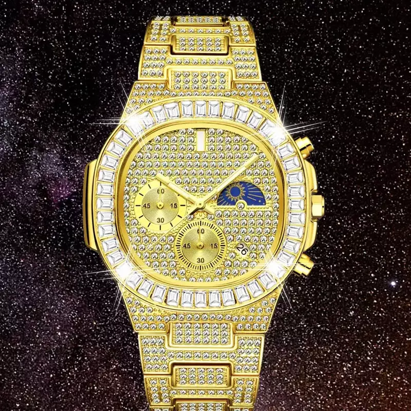 Reloj de negocios de oro de 18K para hombre, cronógrafo de estilo Hip Hop con diamantes brillantes, resistente al agua, fase lunar