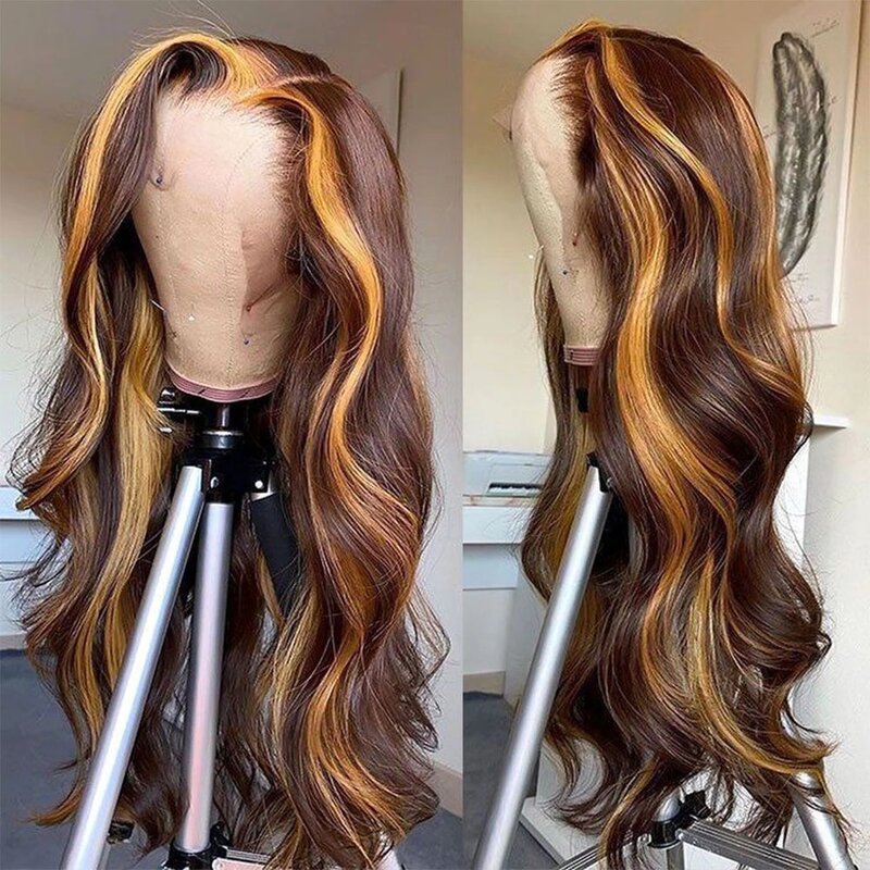 Highlight P4/27 Brown Body Wave Lace Front Wig Brazilian Human Hair Wigs For Women Honey Blonde Long Lace Front Wig Pre Plucked