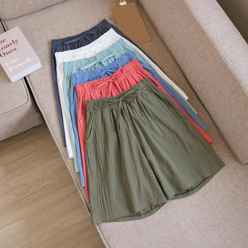 Short d'été en coton et lin pour femmes, pantalon court droit décontracté Harajuku, taille élastique, jambes larges, longueur au genou