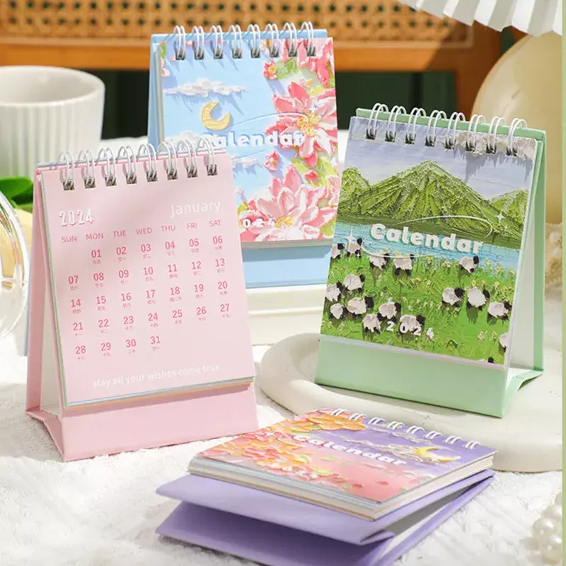 2024 Study Classroom Calendar Retro Oil Painting Natural Scenary Desktop Calendar Lovely Desk Calener Student/office Supplies