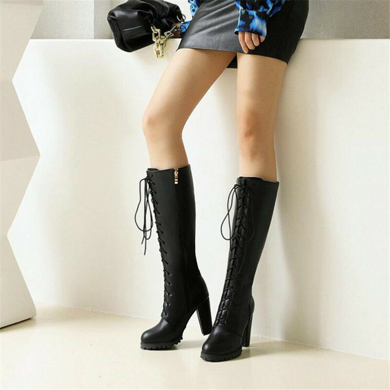 Women Knee-High Motorcycle Boots Cross Tied Thick Heel Platform Female Wedding Party Girl Princess Shoe Lolita Knight Boots32-46