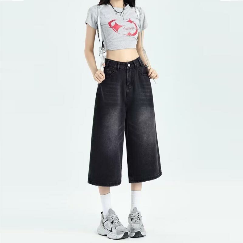 Женские джинсовые шорты с завышенной талией и широкими штанинами, летние мешковатые джинсовые брюки средней длины, однотонная повседневная одежда Y2k, женская одежда