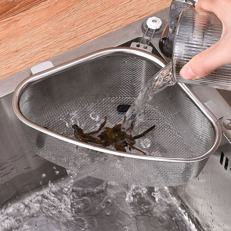 Household Kitchen Sink Drain Basket Filter Stainless Steel Large Capacity Adjustable Non-slip Triangle Leftover Sink Strainer