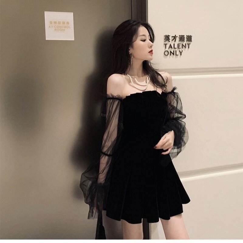 Vestido Retro negro para mujer, minivestido de gasa de encaje para mujer, moda coreana Sexy para Club, 2022