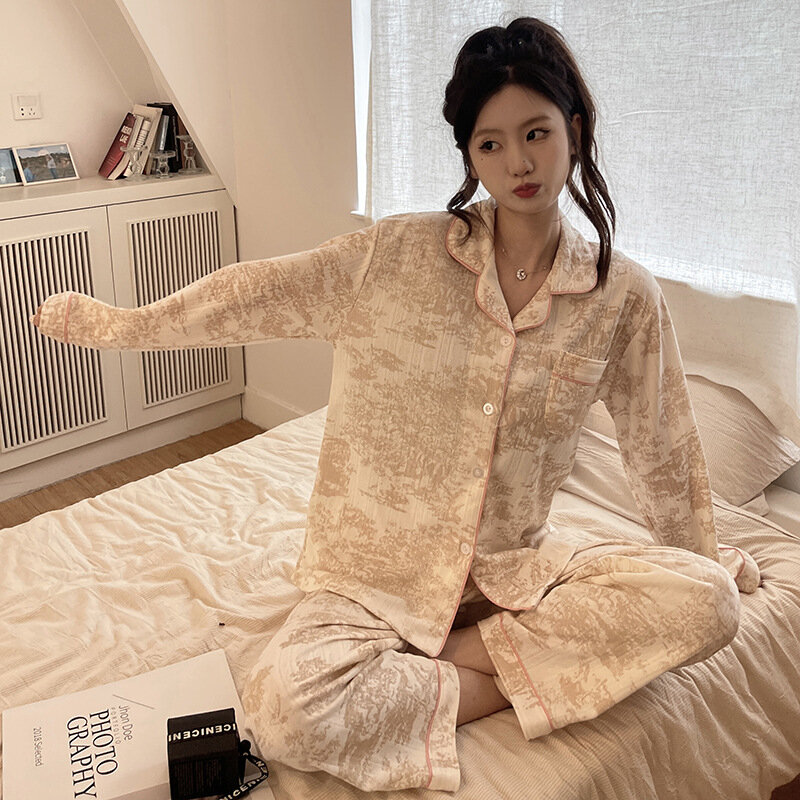 Пижамный комплект Женский из 2 предметов, Хлопковая пижама, рубашка с длинным рукавом и штаны с принтом, одежда для сна, домашняя одежда, ночное белье