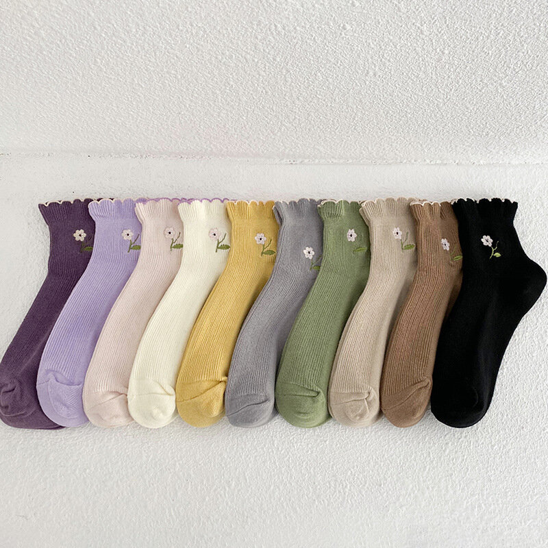 Calcetines de algodón estilo Harajuku japonés para mujer, medias de dibujos animados con borde enrollado, estilo coreano, novedad, venta al por mayor