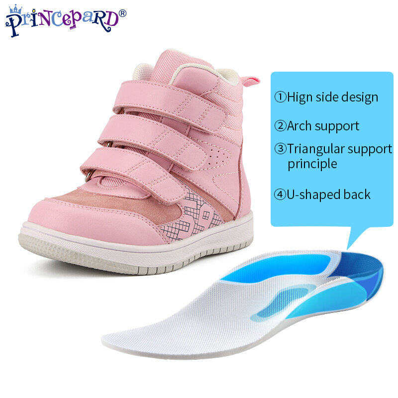 Princepard-Botines ortopédicos para niños y niñas, zapatillas con plantillas de soporte de arco, zapatos de cuero rosa y gris