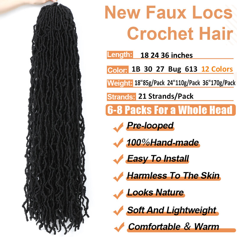 Soft Locs Crochet cabelo para mulheres negras, Faux Locs, pré em looped, novo, 21 fios por pacote, 18 ", 24", 36"