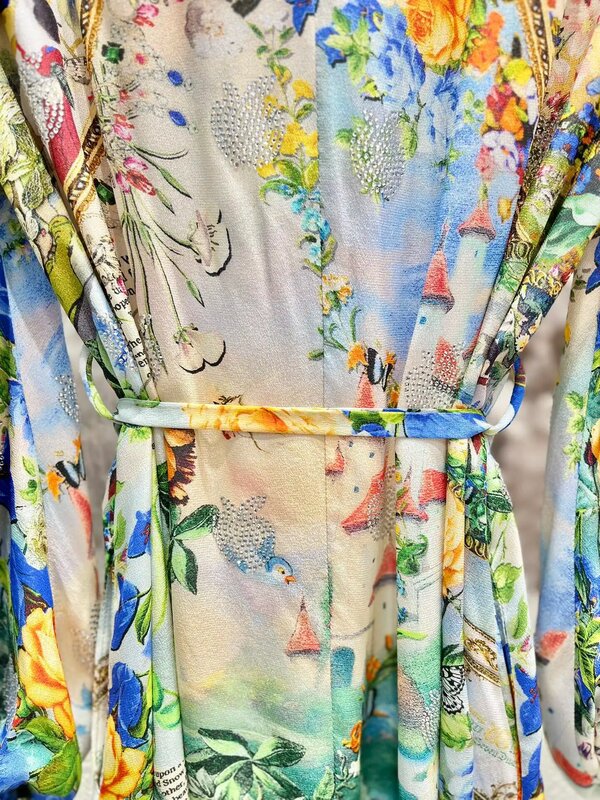 Women Flower Printed Turn-down Collar Beaded Waist Lace-up Full Sleeve Single Breasted 100% Silk Shirt Mini Dress