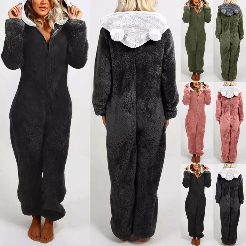 여성용 푹신한 후드 점프수트, 2023 양털 지퍼 플러스, 성인 잠옷, 5XL 따뜻한 사이즈, 라운지웨어 전체, 겨울