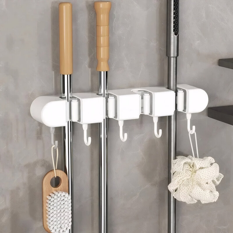 Mop Hook Mop Wall Hanging Rack Multifunctional Mop Hanging Hanger Self-Adhesive with 4 Slots & 5 Hooks for Kitchen Bathroom